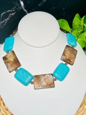 Splendid Aqua Stone and Glass Abalone Necklace, 20” with Spring ring clasp.